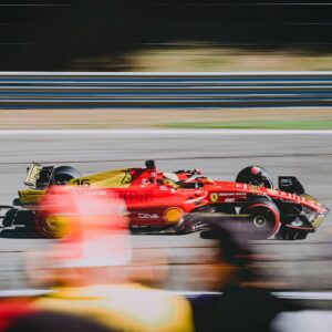 Blurred Motion of the Scuderia Ferrari Race Car Driven by Charles Leclerc with a Special Livery for the 2022 Monza Grand Prix