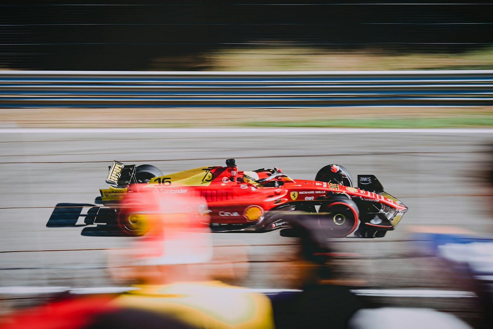 Blurred Motion of the Scuderia Ferrari Race Car Driven by Charles Leclerc with a Special Livery for the 2022 Monza Grand Prix