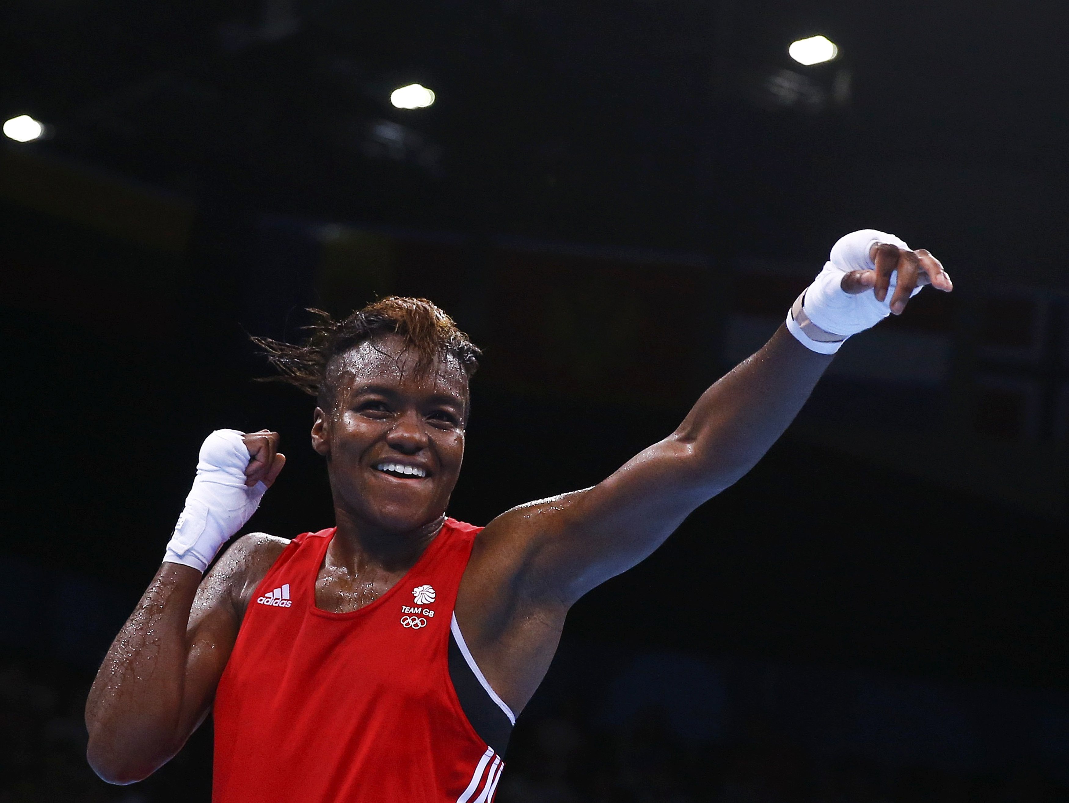 Adams of Britain reacts after winning her 51kg women's Fly weight boxing final fight at the 1st European Games in Baku